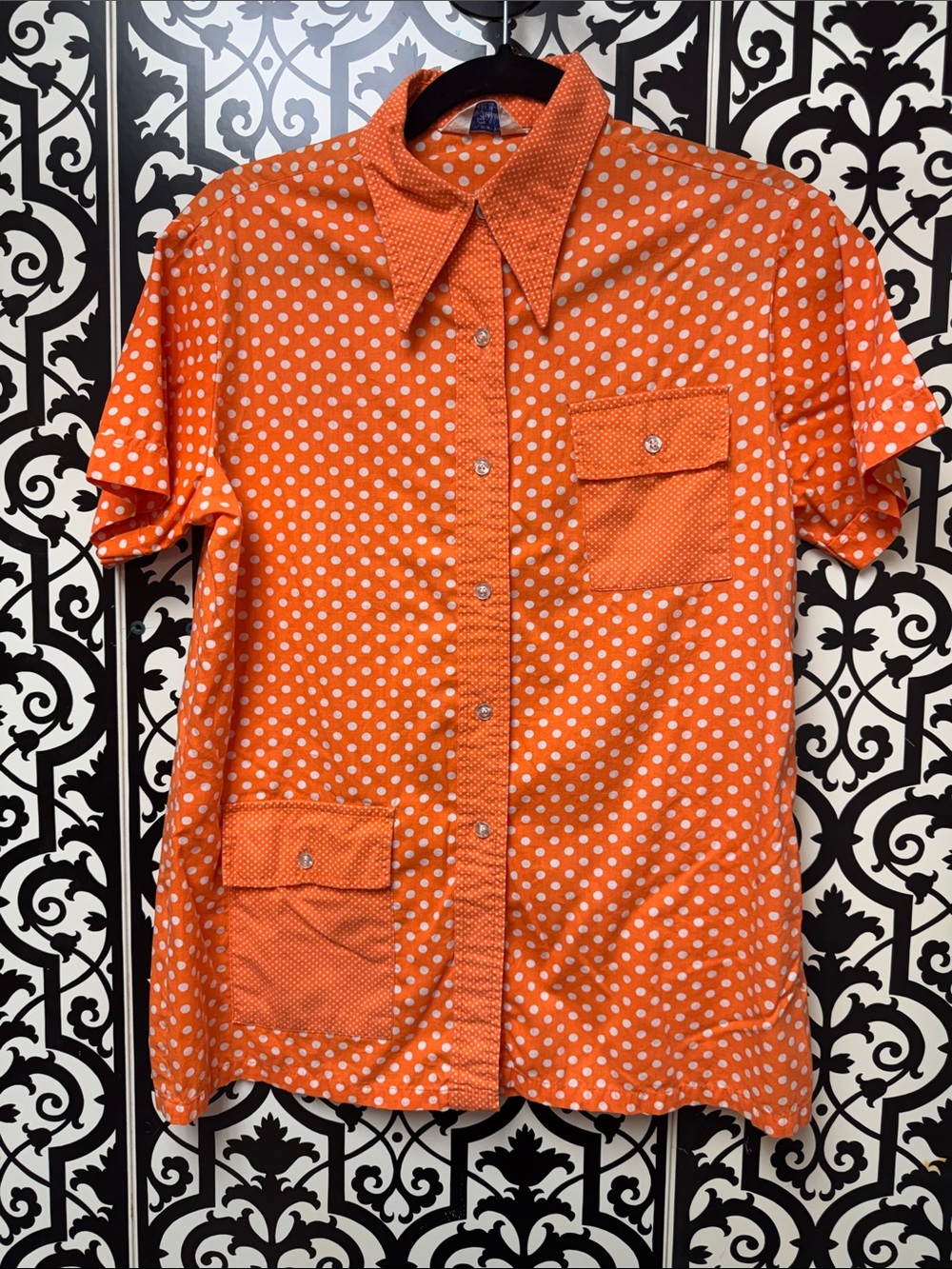 Vintage Women's Orange Polka Dot Button-Down Shirt 1970s!